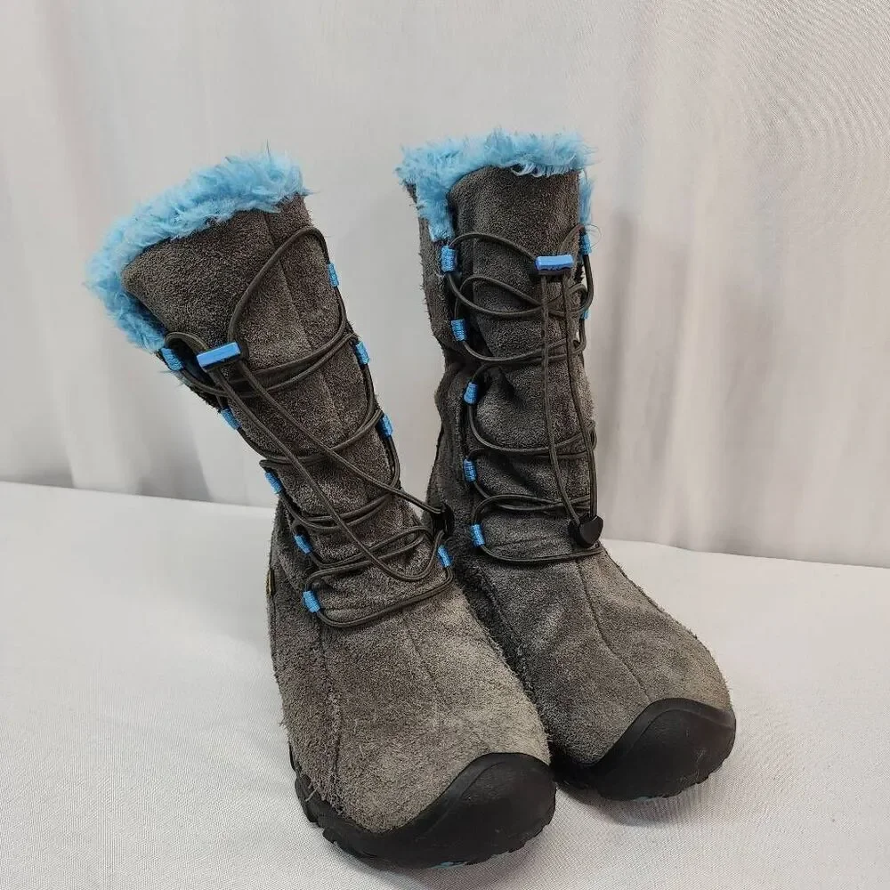 KEEN Brighton Size 4 WP Winter Boot Little Kid/Big Kid Grey Suede Blue  Faux Fur